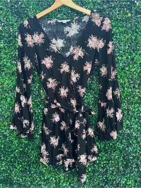 American Eagle Outfitters Black Floral Wrap Dress with Pink Roses
